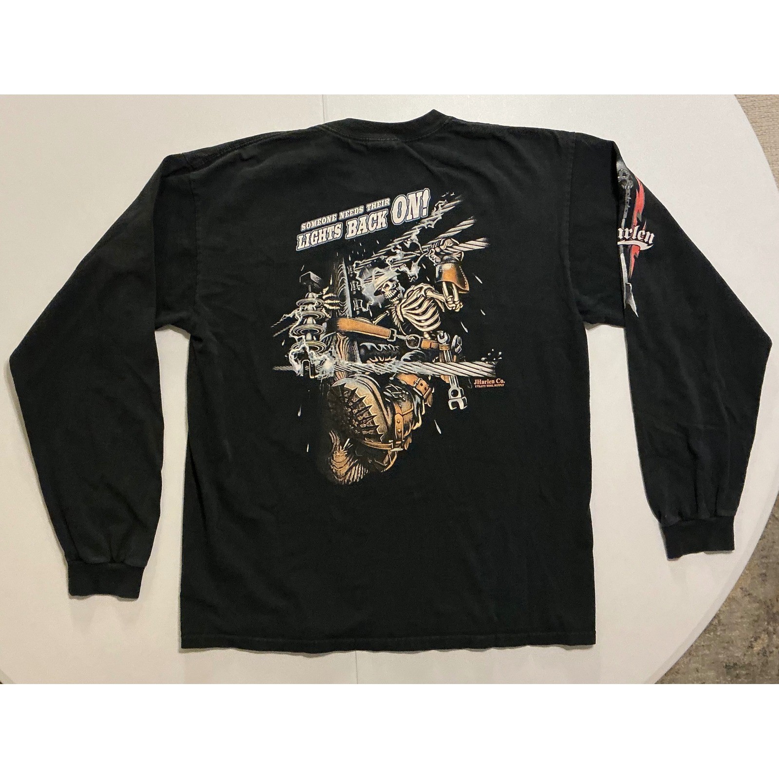 VTG Y2K JHarlen Co T-Shirt Skull Electric Worker Long Sleeve Shirt Mens L Black gallery