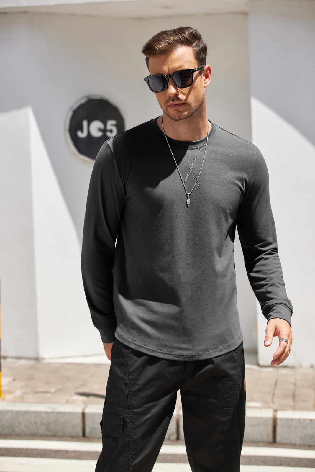2 Pack T Shirts for Men Long Sleeve Cotton Hipster Hip Hop Longline Crewneck ... gallery