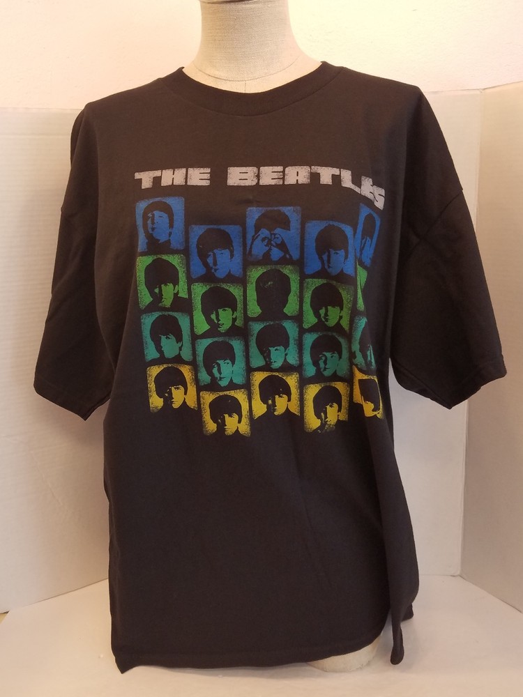 Authentic Beatles Black T-shirt John Paul George Ringo Faces Colorful Square EUC
