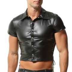 Fashionable Side Strap Leather Men’s Top Button Style Sexy Exposed Navel T-shirt