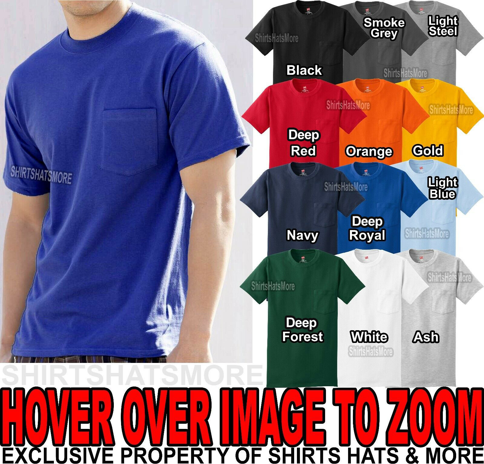 Hanes MENS T-Shirt Preshrunk Cotton with POCKET Tee S, M, L, XL, 2X, 3X NEW! gallery