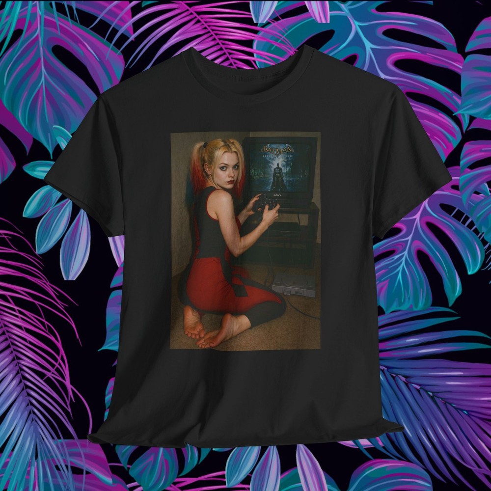 Harley Quinn Playing Batman Arkham Asylum Retro Gaming T-Shirt Y2K Style
