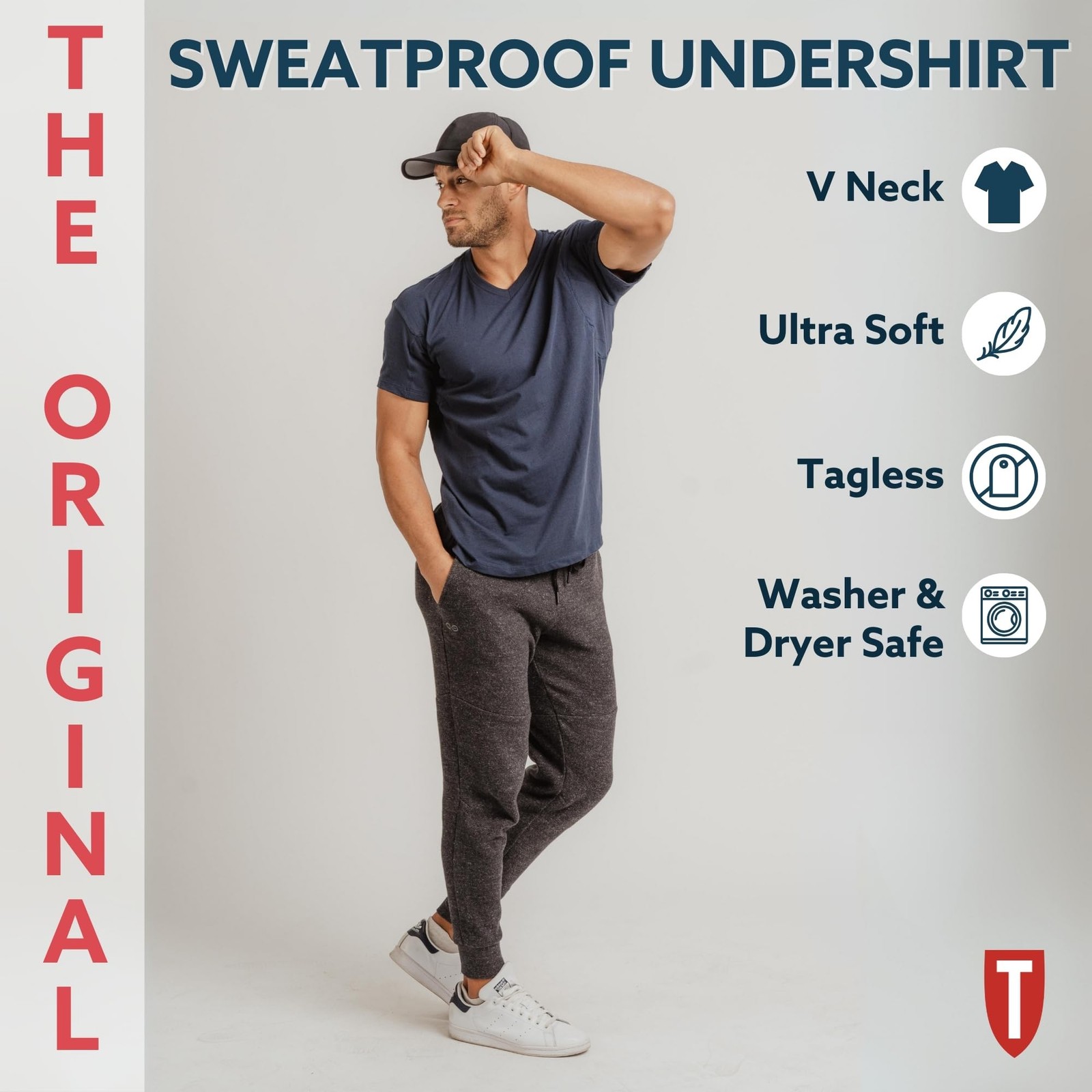 Mens Sweatproof Undershirt - Cotton V Neck T-Shirt with Underarm Sweat Pads - gallery
