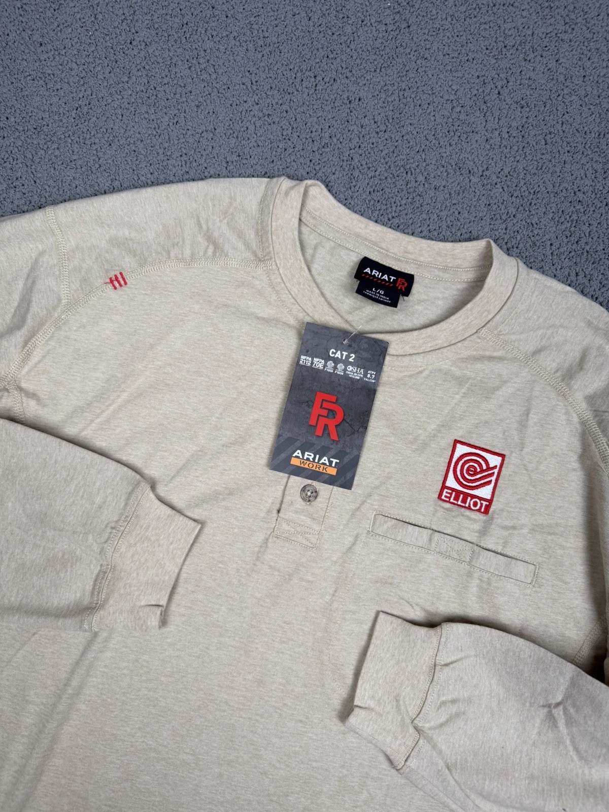 Ariat FR Shirt Mens L Tan Henley Long Sleeve Work Flame Resistant CAT 2 NEW