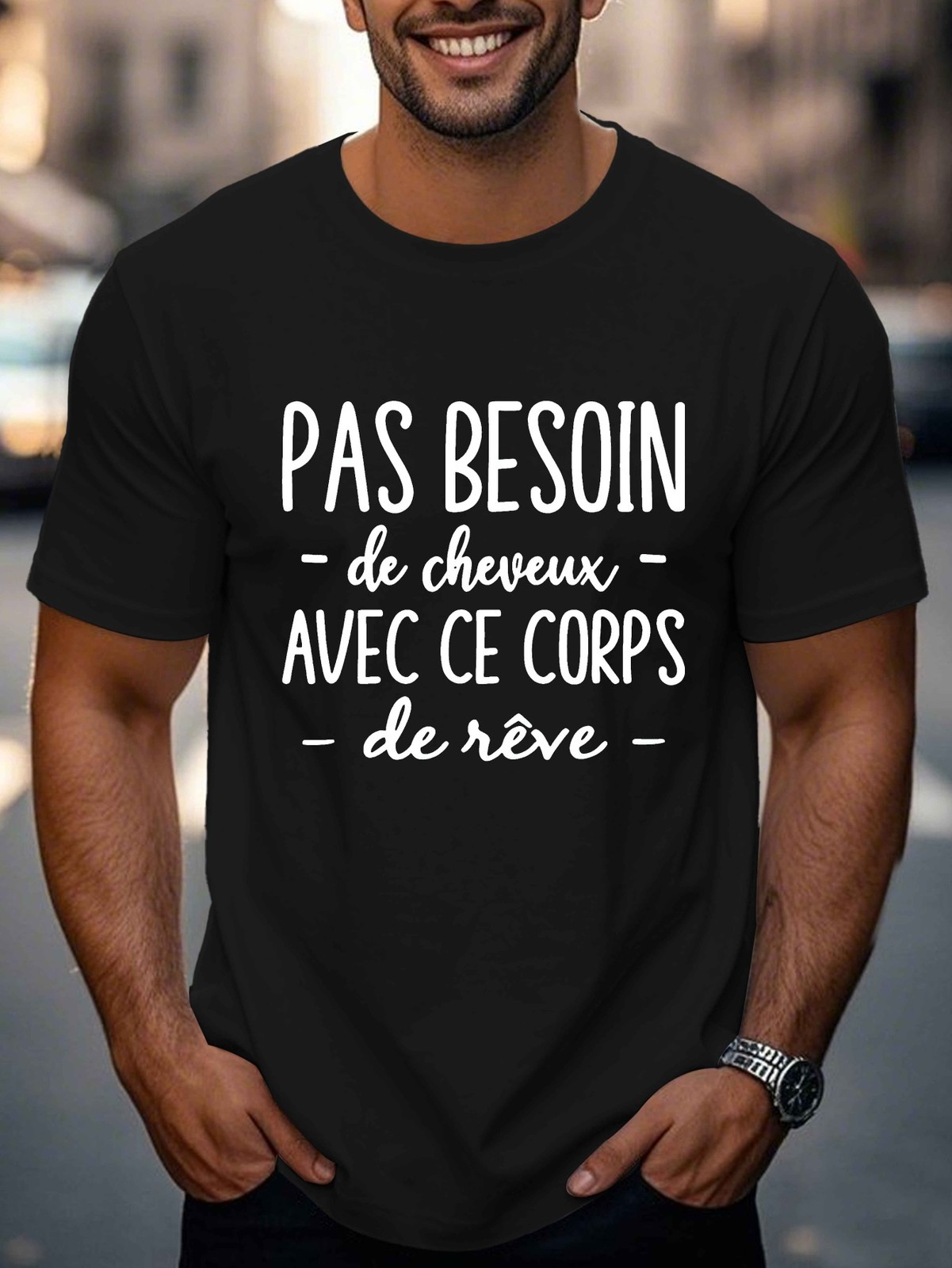 1pc Men’S Casual French Quote T-Shirt Summer Top Geometric Pattern Round Neck ♮