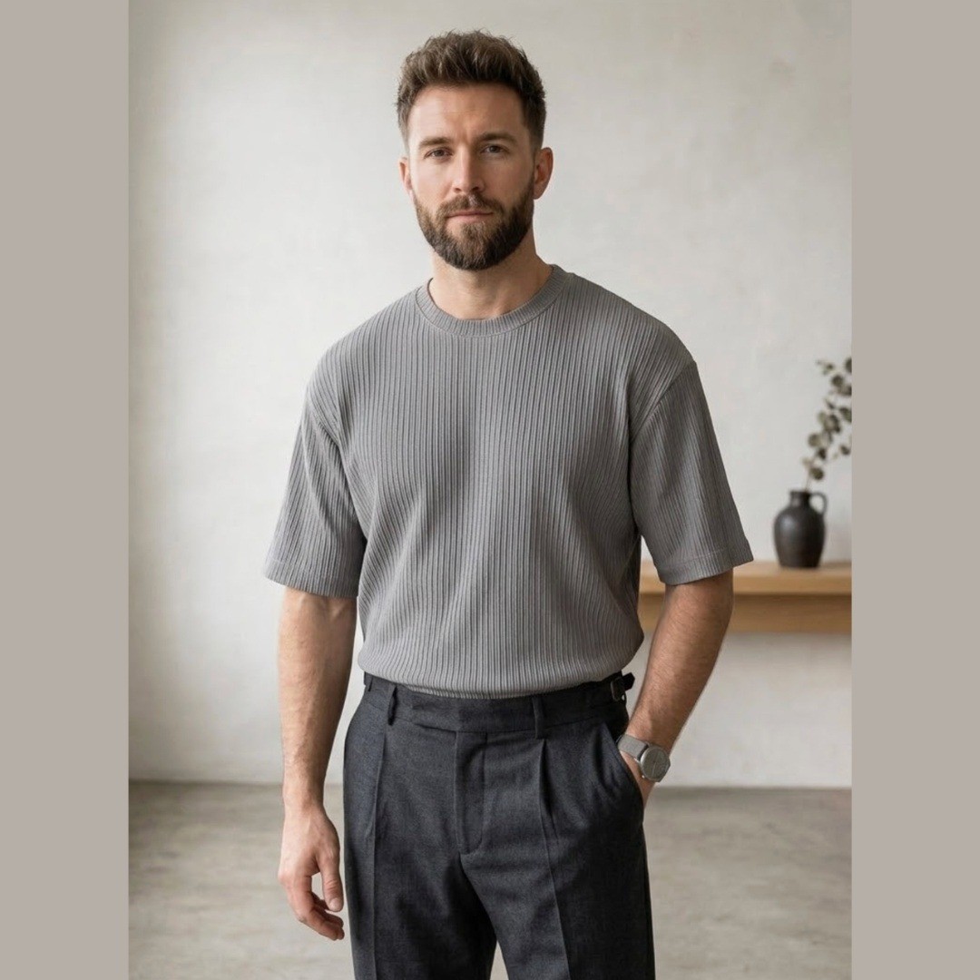 Zara Mens Medium Textured Crepe Ribbed Knit Short Sleeve Shirt Gray Relaxed Fit