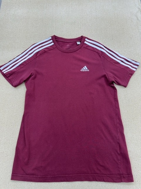 Adidas Mens T-Shirt Maroon Striped 3-Stripes S Cotton Crew Neck