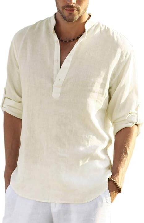 COOFANDY Men's Cotton Linen Henley T-Shirt Long Sleeve Hippie Casual Beach Beige gallery