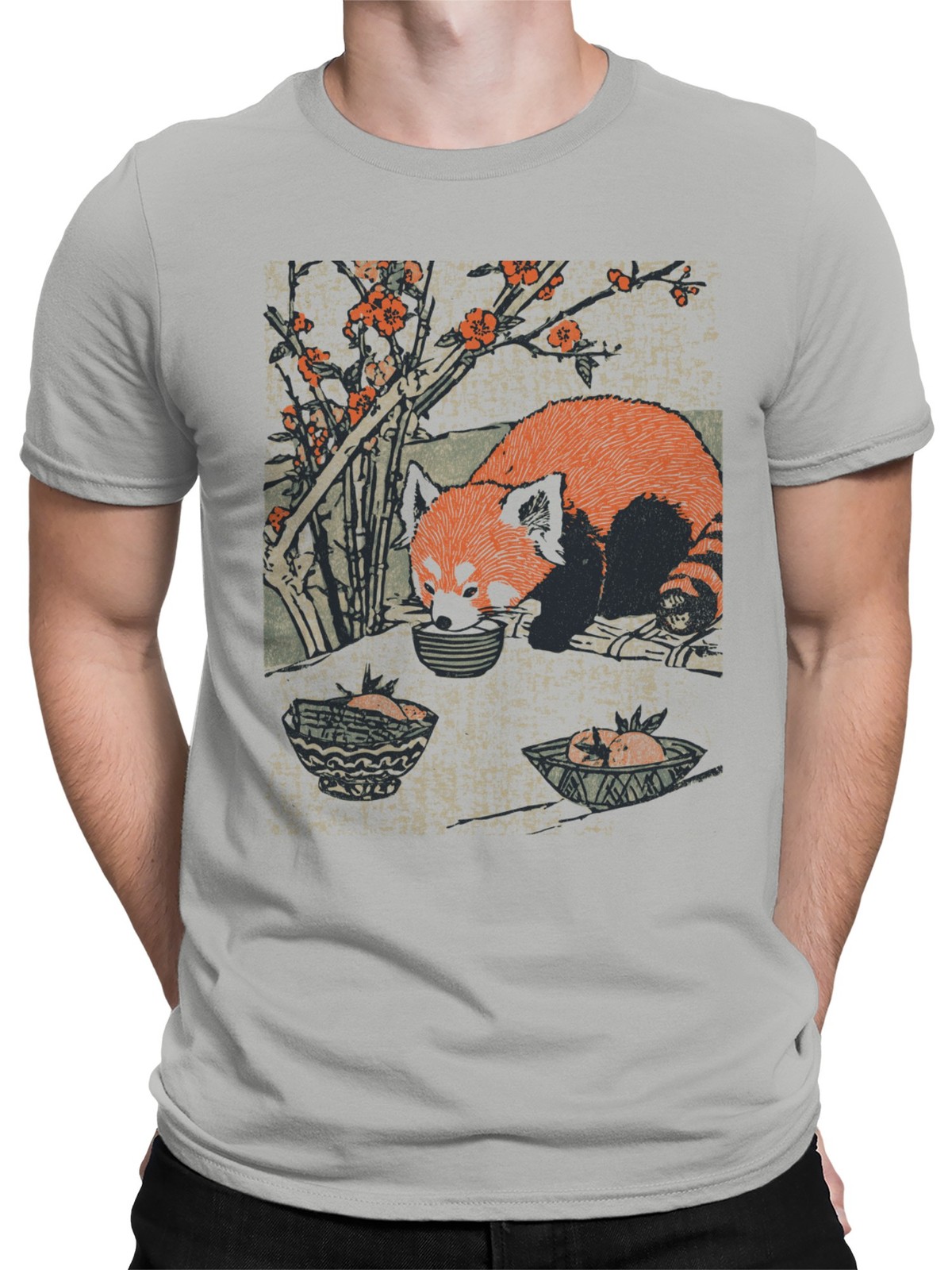 Red Panda with Bowls Under Blossoms Men's T-shirt gallery