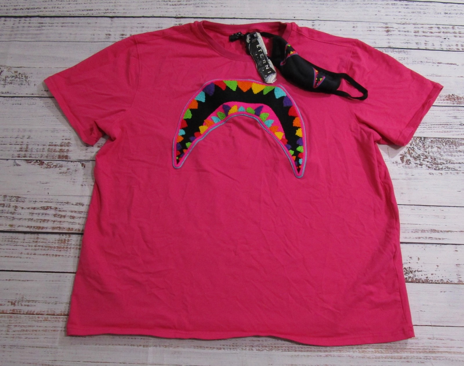 NWT Eternity BC/AD Hot Pink Large Chenille Shark Mouth + Face Mask T-Shirt 2XL