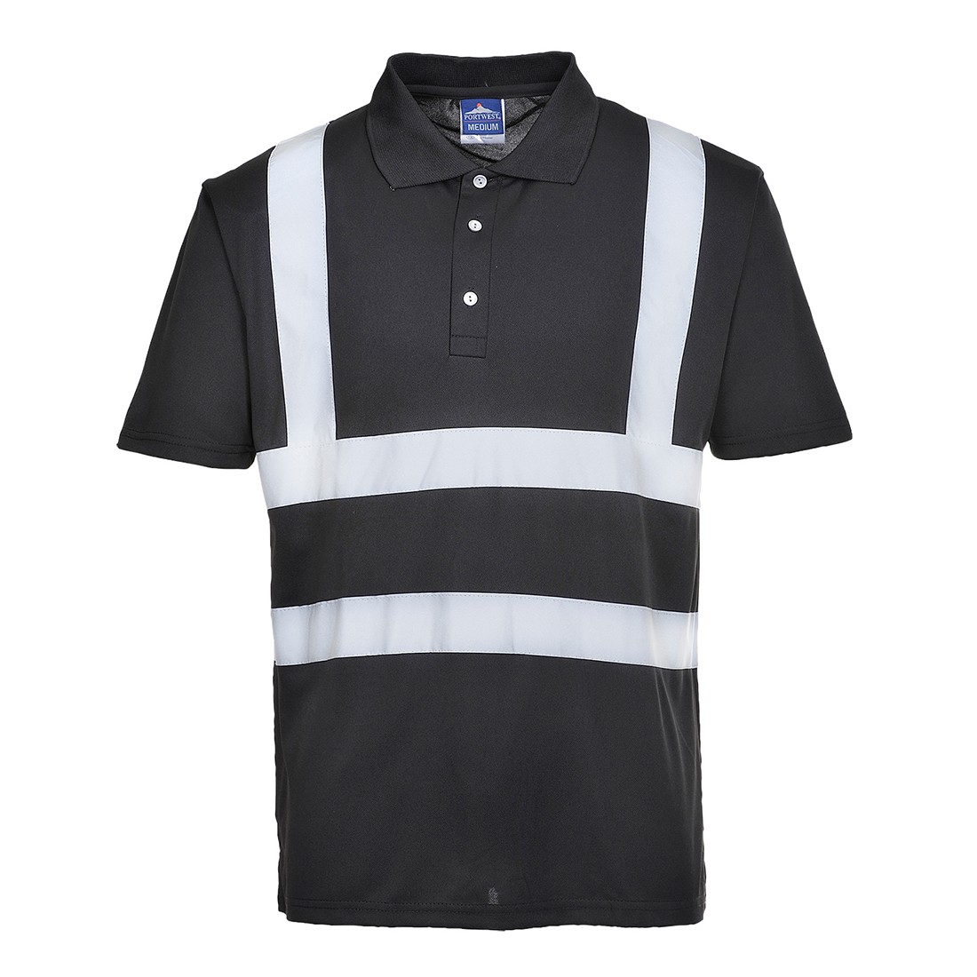 Portwest Iona black reflective moisture-wicking work polo shirt size small