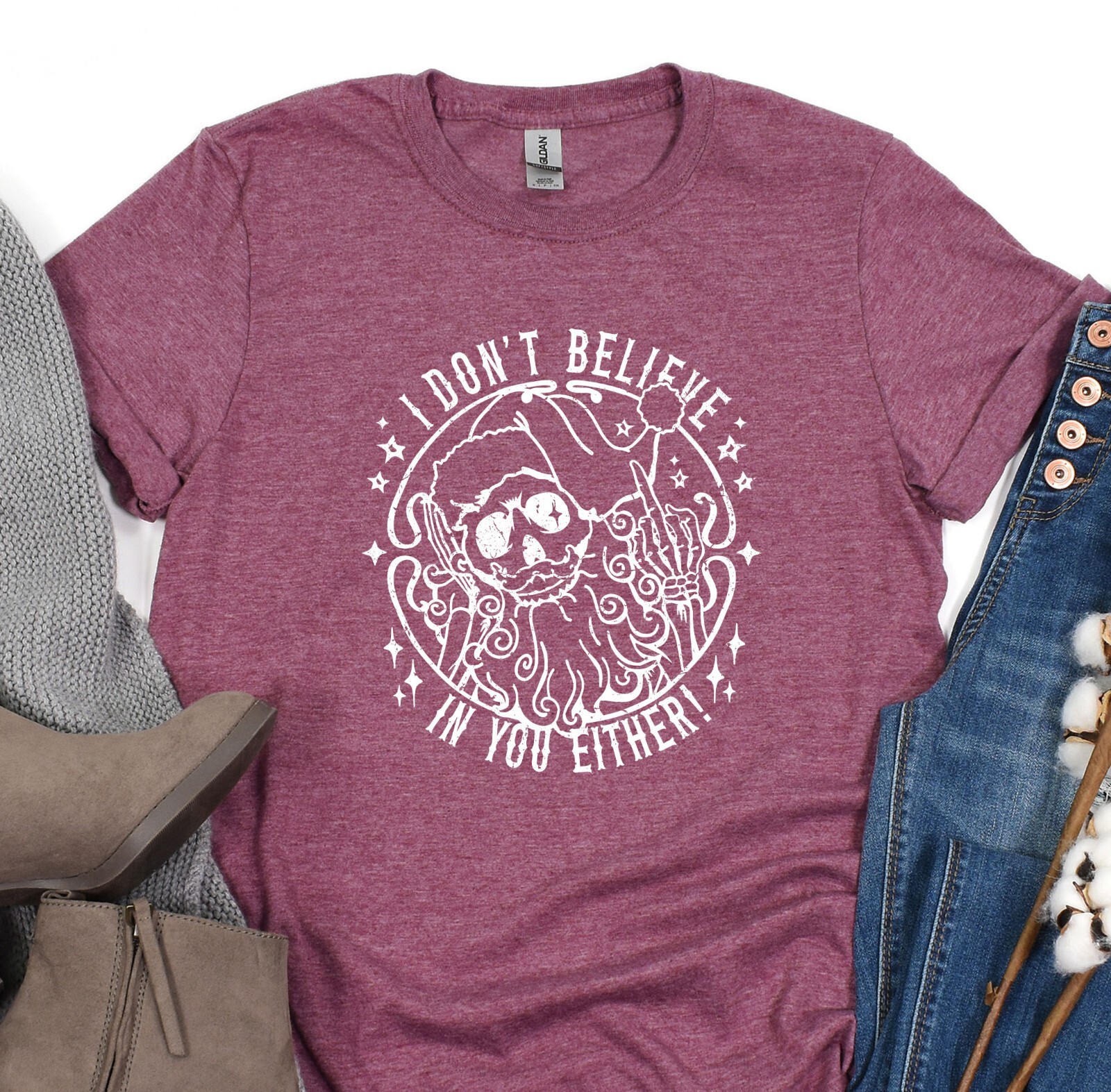 I Don't Believe In You Either T-Shirt, Christmas Shirt, Skeleton Santa Tee gallery