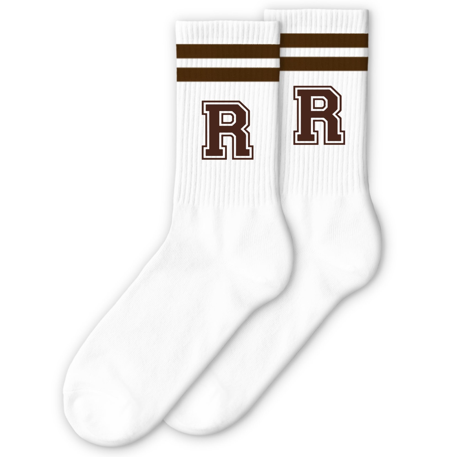 Brown Initial Stripes Socks with Letter R, Retro Athletic Style Socks, Person... gallery