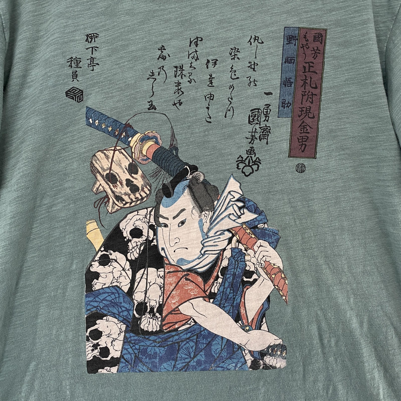 Uniqlo MFA Boston Shirt Mens Large Green Samurai Skull Japanese Art Graphic Tee gallery