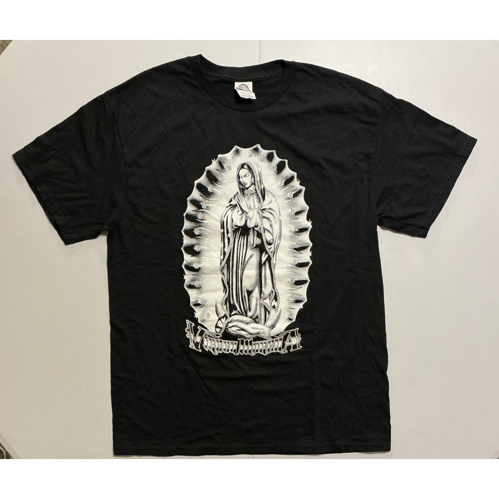 VTG Y2K Virgin Maria Mary Our Lady of Guadalupe Dazzle Shiny T-Shirt Black L
