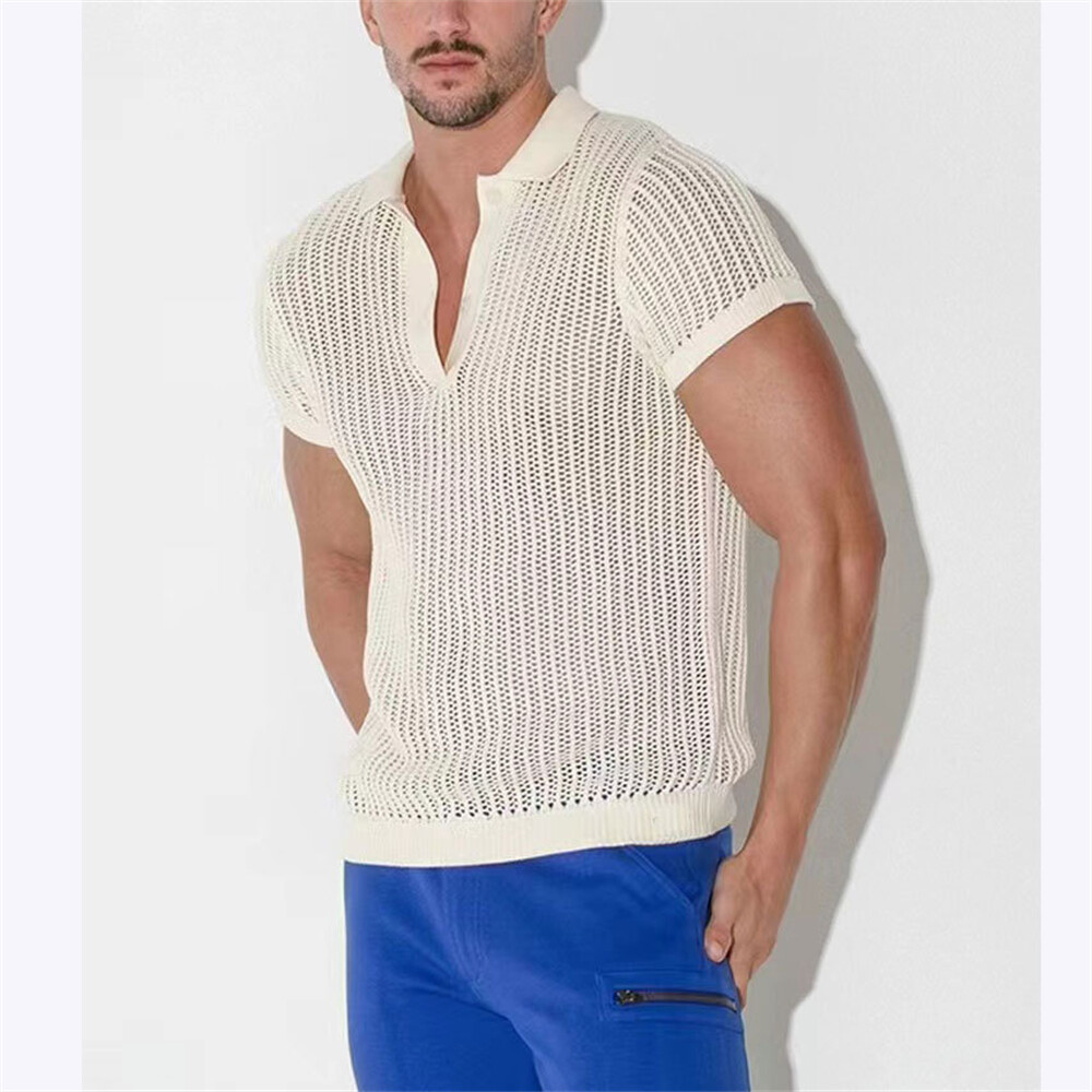 Men Elastic Knit T-Shirt Fashion Casual Top Short Sleeve Summer Polo Shirt Loose gallery