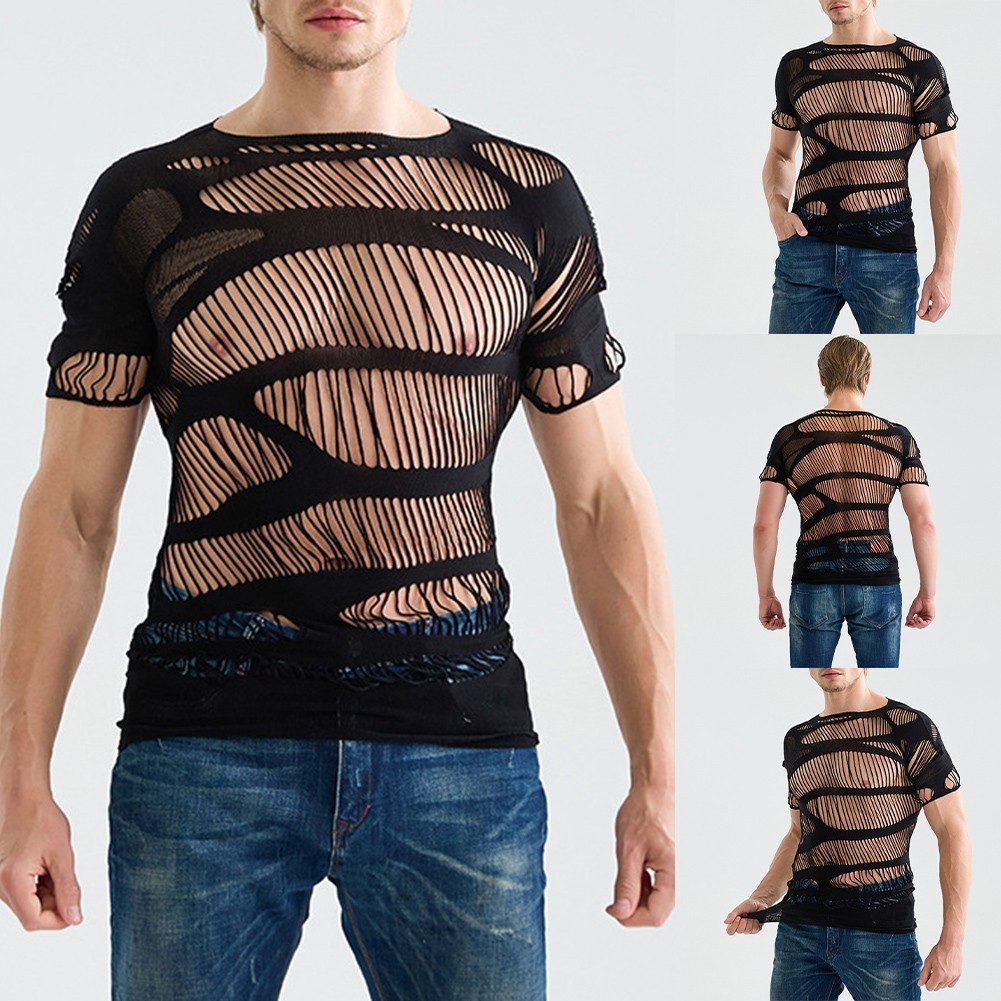 Mens Short Sleeve Mesh See Through Hollow Out Tops O Neck T Shirts Black gallery