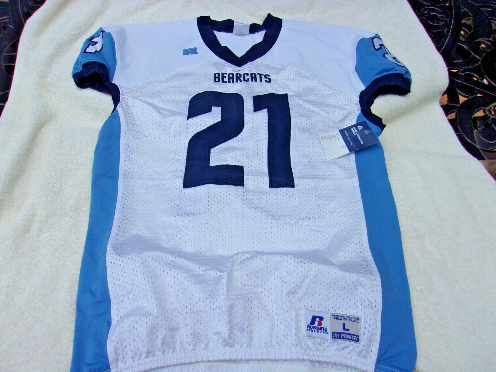 NWOT Russell game cut football jersey, nylon blend, mens L, Bearcats, Jones, #21 gallery