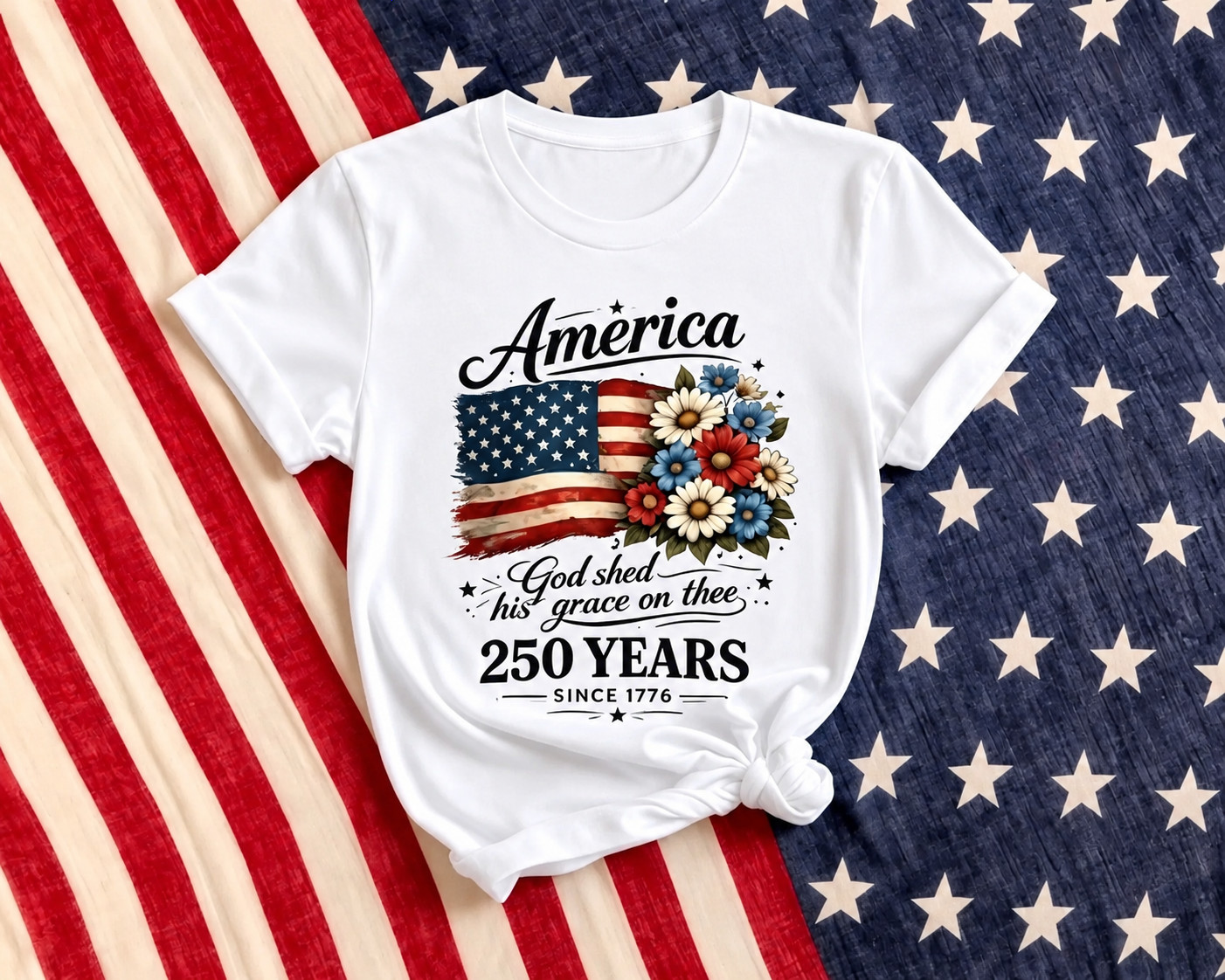 USA 250th Anniversary Floral Flag Tee – Patriotic Independence Day Shirt