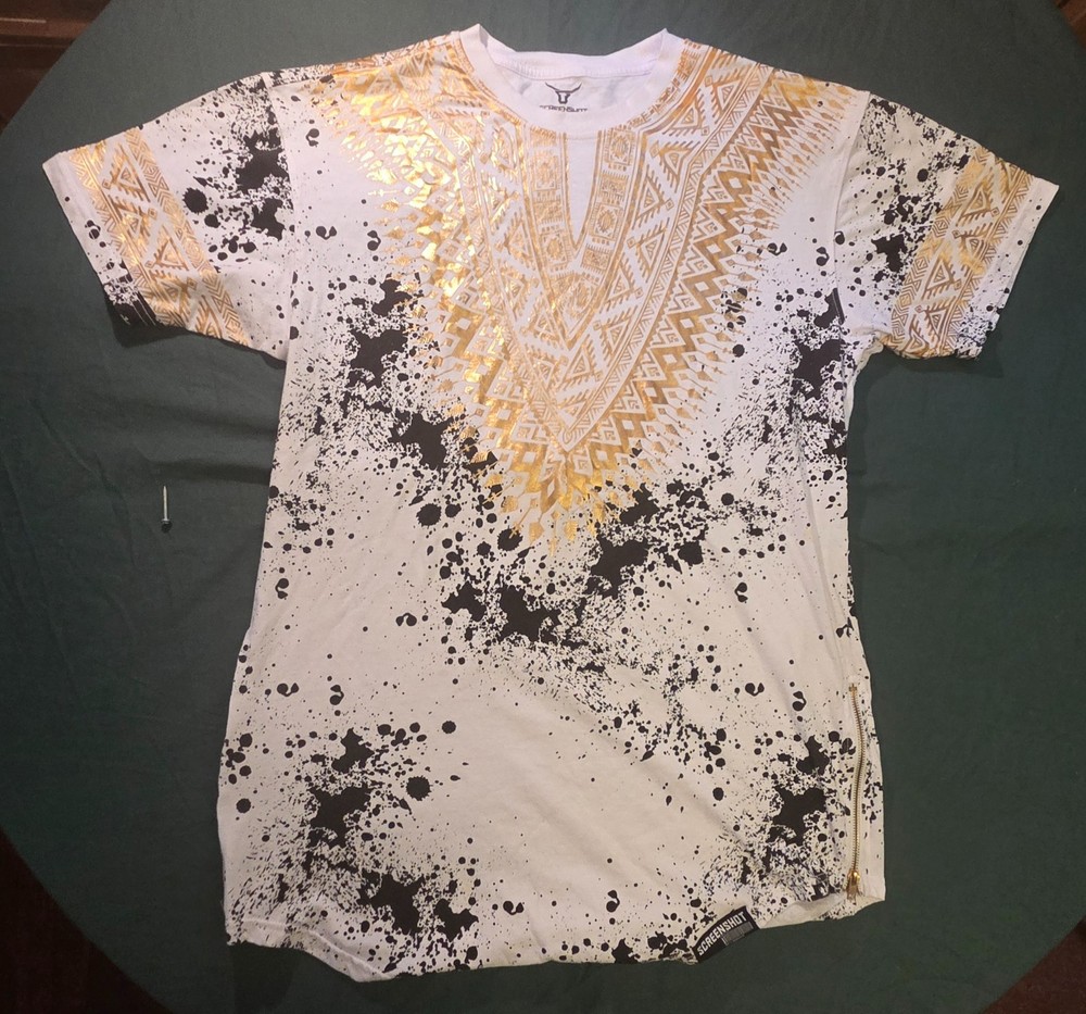ScreenShot GOLD African Dashiki Splatter paint on White T Shirt 2XL Zipper sides