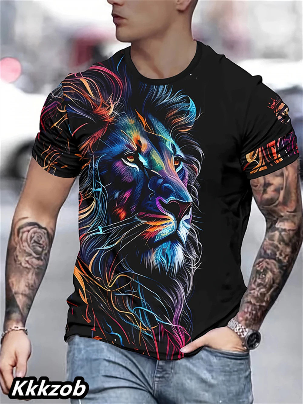 Mens Lion Print Short Sleeve Crew Neck T-Shirt Soft Breathable Casual Wear. gallery
