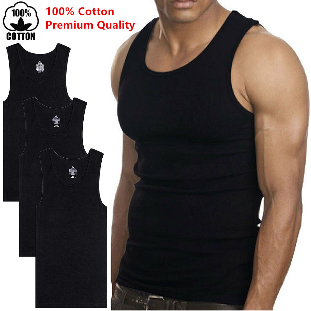 3-6 Packs Mens 100% Cotton Tank Top A-Shirt Wife-Beater Undershirt Ribbed Black gallery