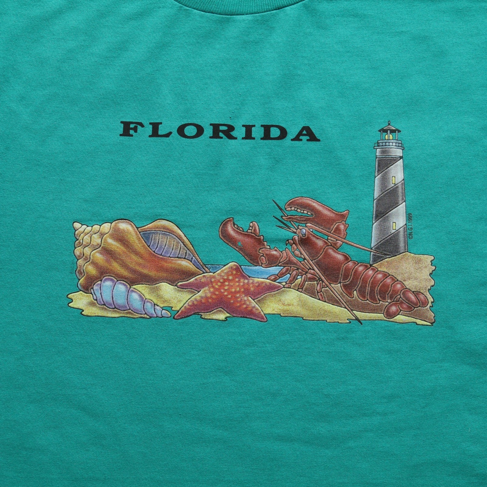Vintage Florida Lobster Lighthouse T-Shirt Teal Green Jerzees Men’s Size L gallery