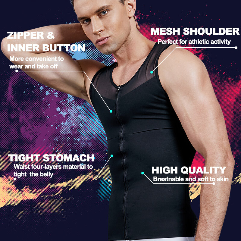 Men's Zipper Body Shaper Toning T-Shirt Ultra Durable Vest Compression Underwear gallery
