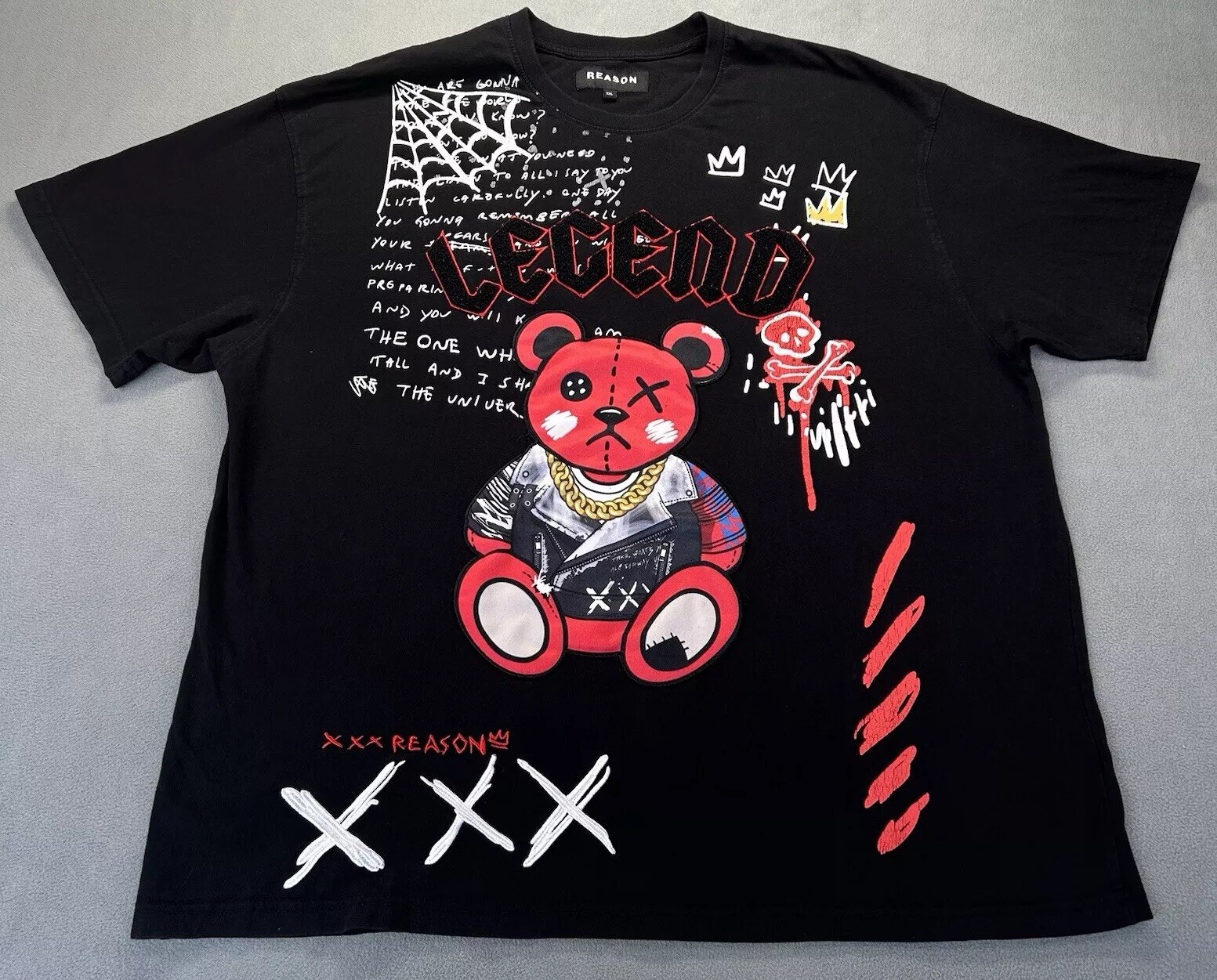 Reason Men’s T-Shirt XXL Black Embroidered Legend Raised Teddy Bear Drip Skull gallery