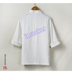 Spring Summer Chinese Style Men’s Linen Tang T-shirt Ethnic Hanfu 3/4 Sleeve Top