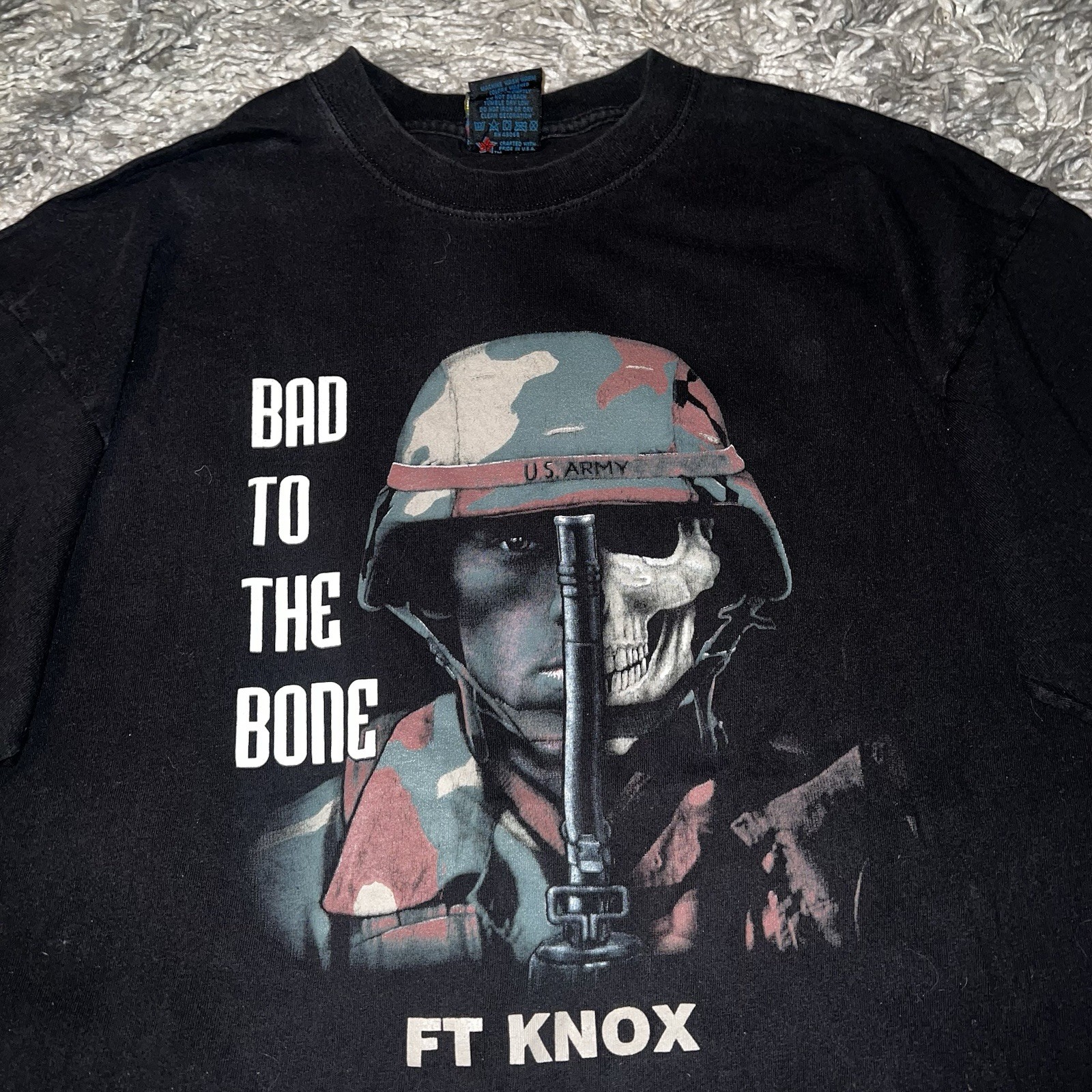 Vtg 90s Soffes Choice US Army Ft Knox Skeleton Bad to the Bone Black T Shirt XL gallery
