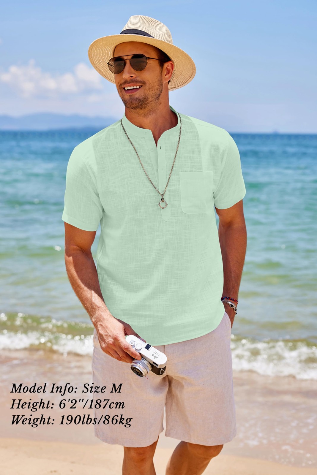 Men's Casual Cotton Linen Henley Shirts Beach with Pocket Light Green 3XL gallery