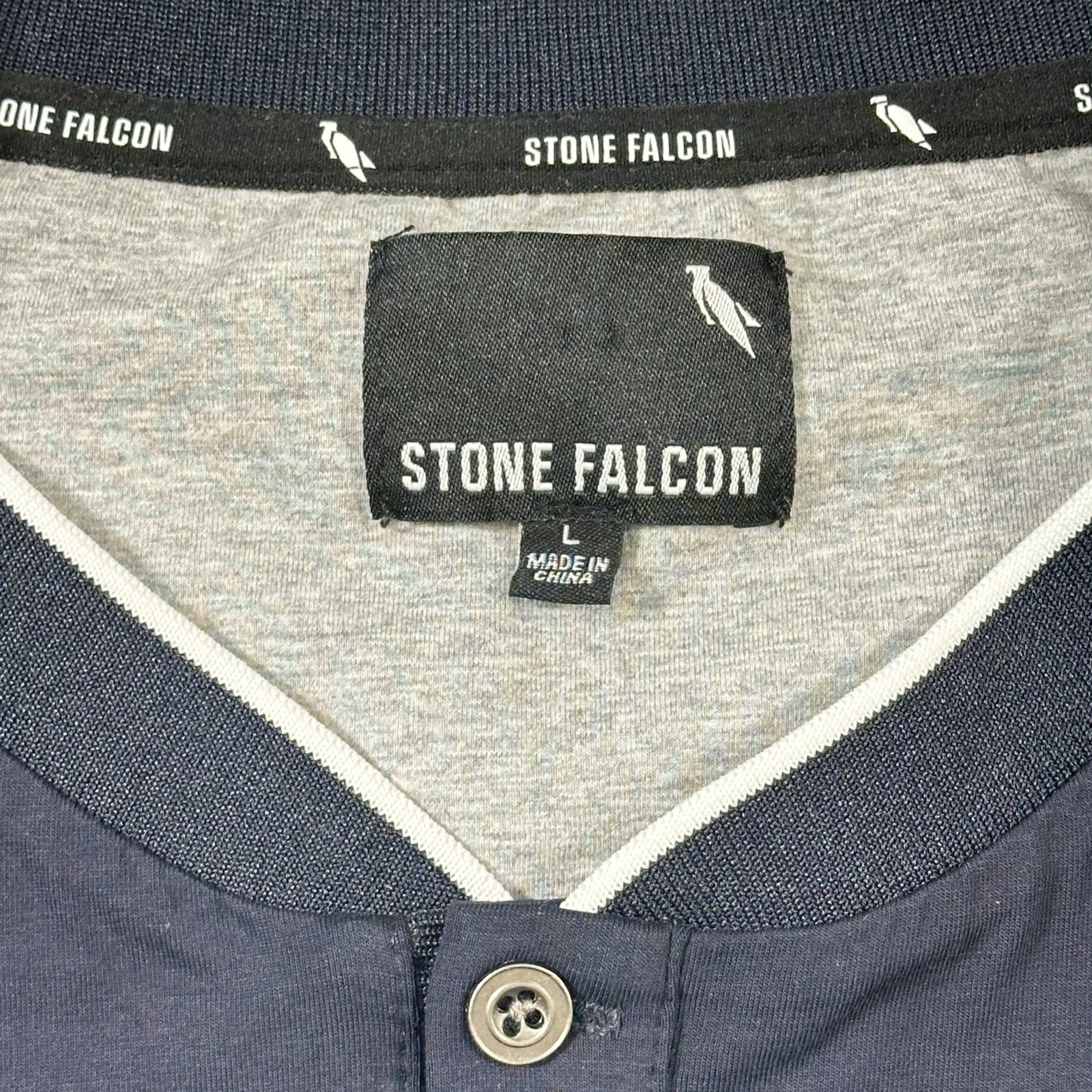 Stone Falcon Shirt Men's Large Navy Gray Henley Blade Collar Stretch Casual Golf gallery