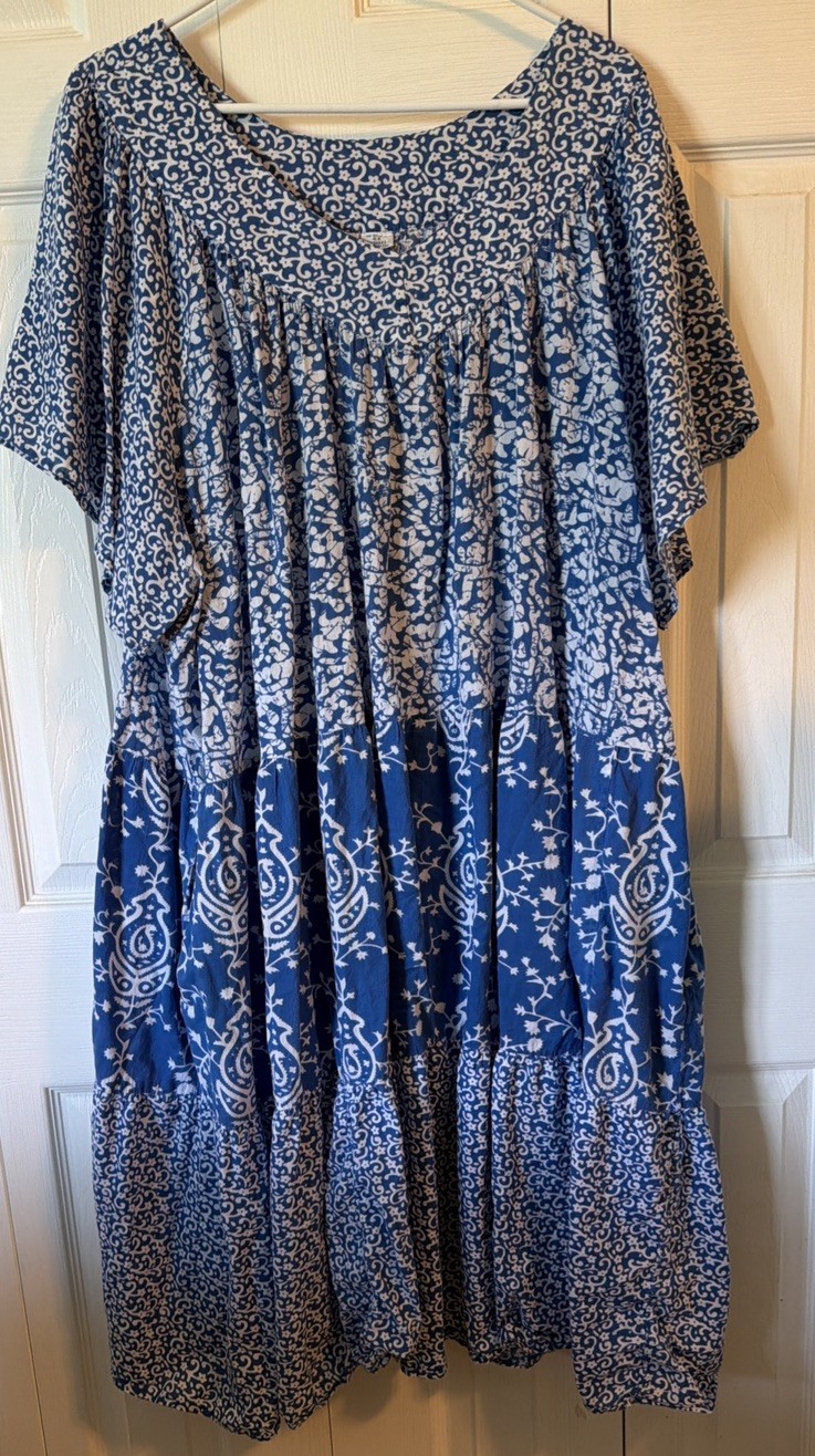 Only Necessities Blue Floral Cotton Tiered Maxi Lounger Dress Plus Size 4X (9)