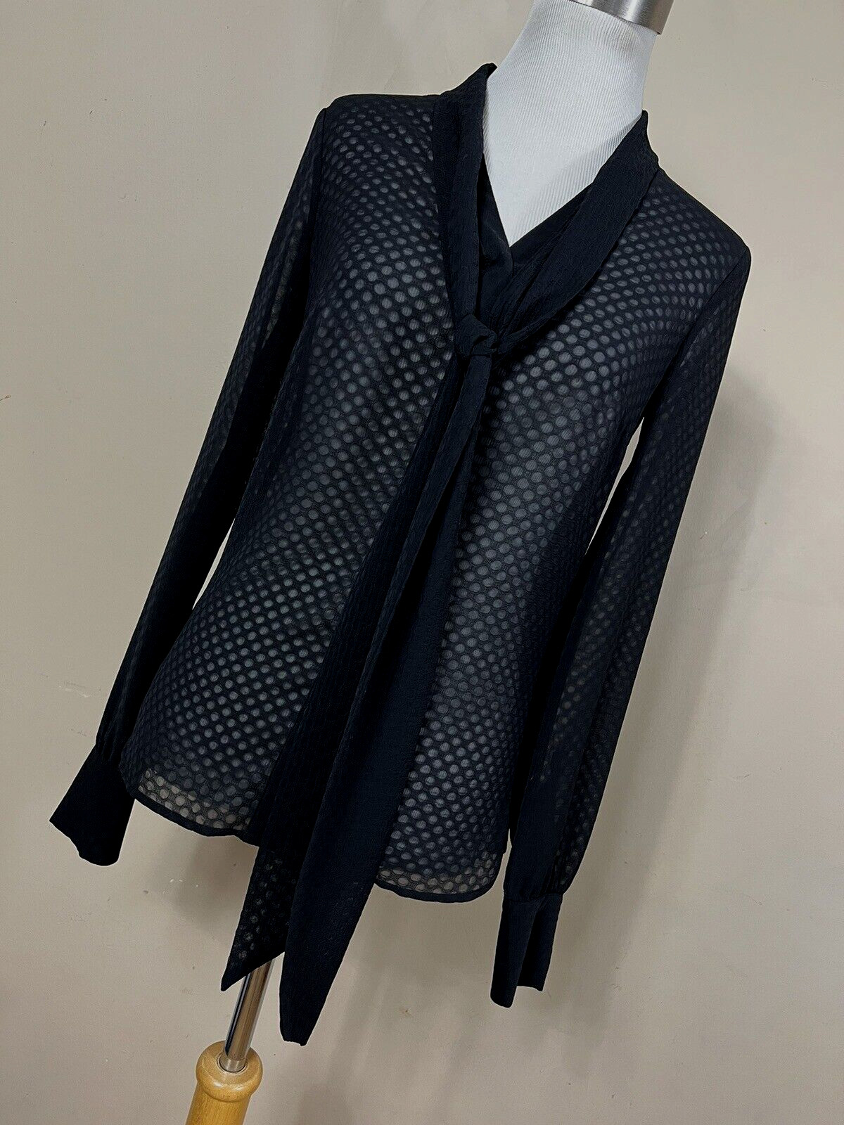 Karen Millen 2 Shirt Top Black Button Down Front Tie Sheer Long Sleeve Woman W2