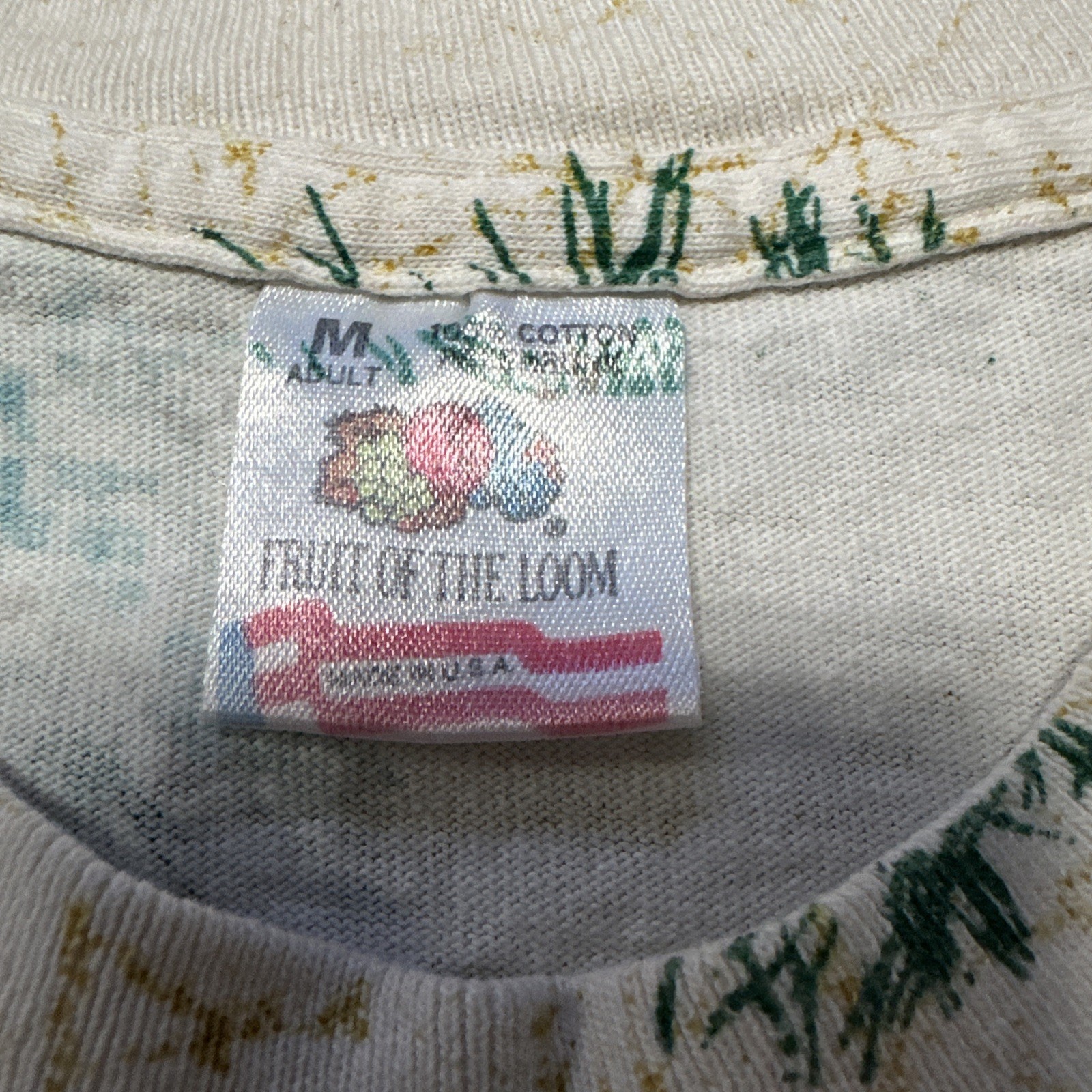 VTG Single Stitch Shirt Fruit Of The Loom Mens Medium White Botanical Plants AOP gallery