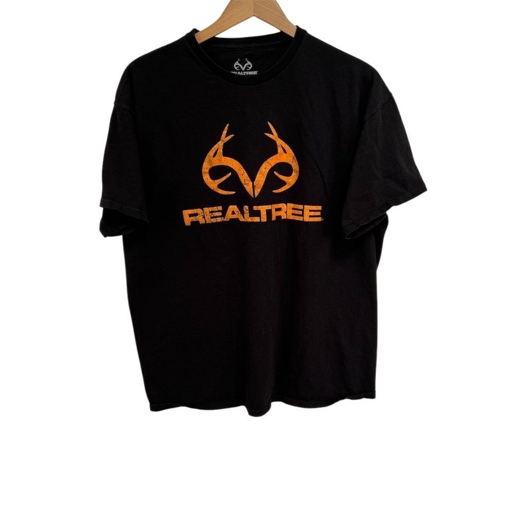 Realtree Men’s XL Black T-Shirt Orange Camo Antler Logo Outdoor Hunting