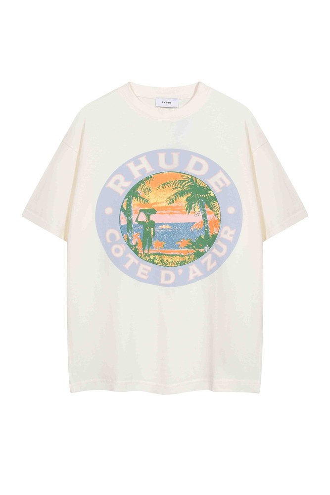 RHUDE Coastal Sunset Retro Poster Men Women Short sleeved T-shirt White