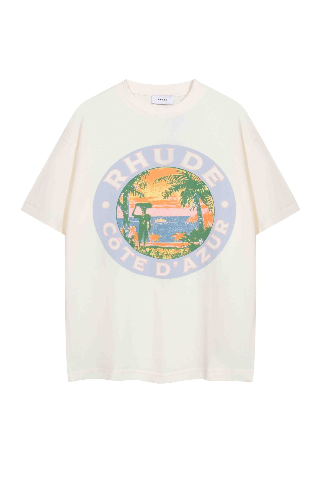 RHUDE Coastal Sunset Retro Poster Men Women Short sleeved T-shirt White