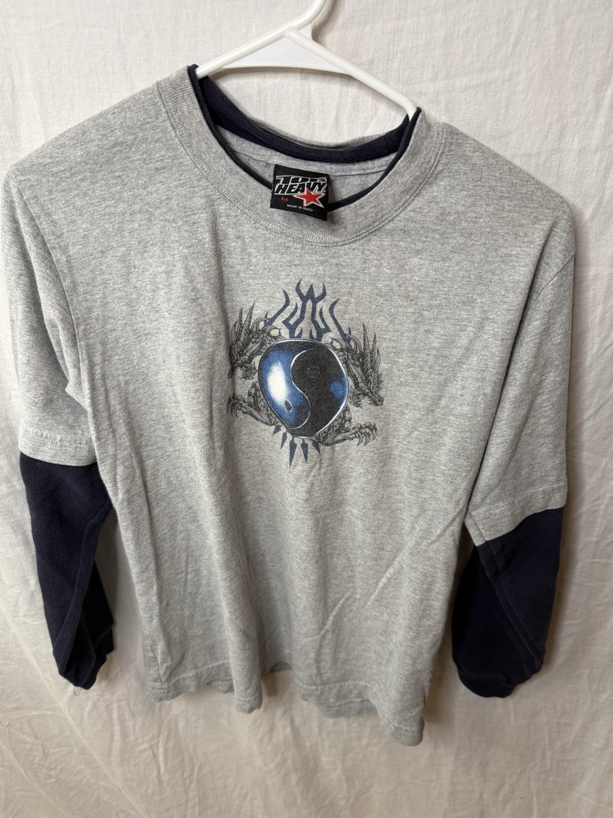 Top Heavy Y2k Men’s M Gray Long Sleeve Crew Neck Graphic T-Shirt Tiger Yin Yang