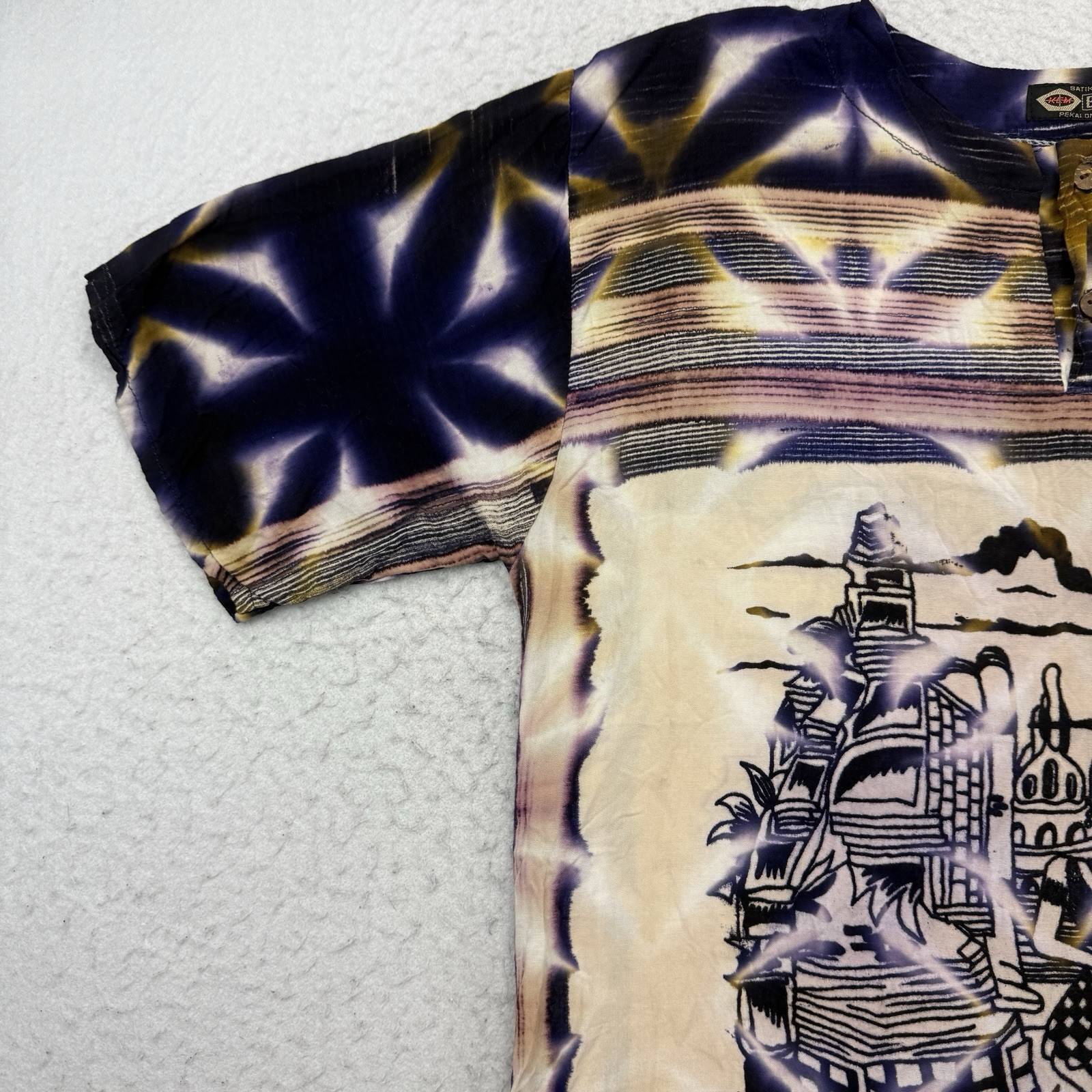 Legian Bali Shirt Mens Large L Purple Tie Dye Batik Abstract Henley Short Sleeve gallery