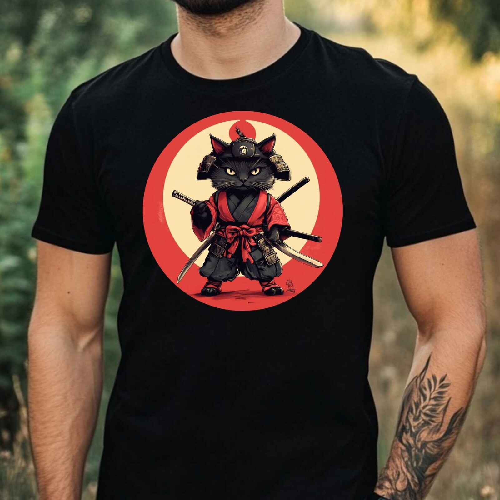Mens Adorable Samurai Cat Print Cotton T-Shirt Size XS to 5XL