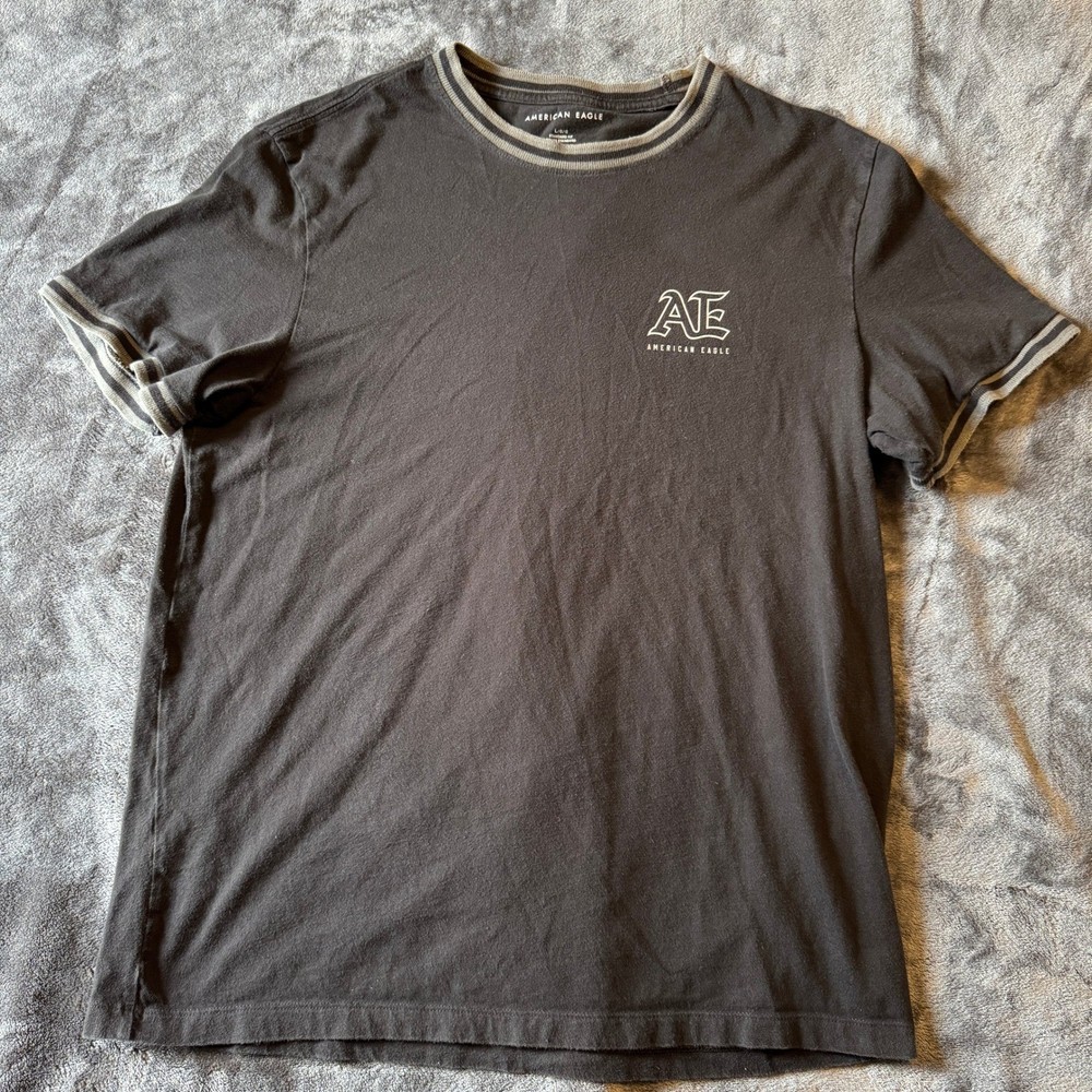American Eagle Mens Large Ringer T-Shirt Black Grey Striped Trim Embroidered