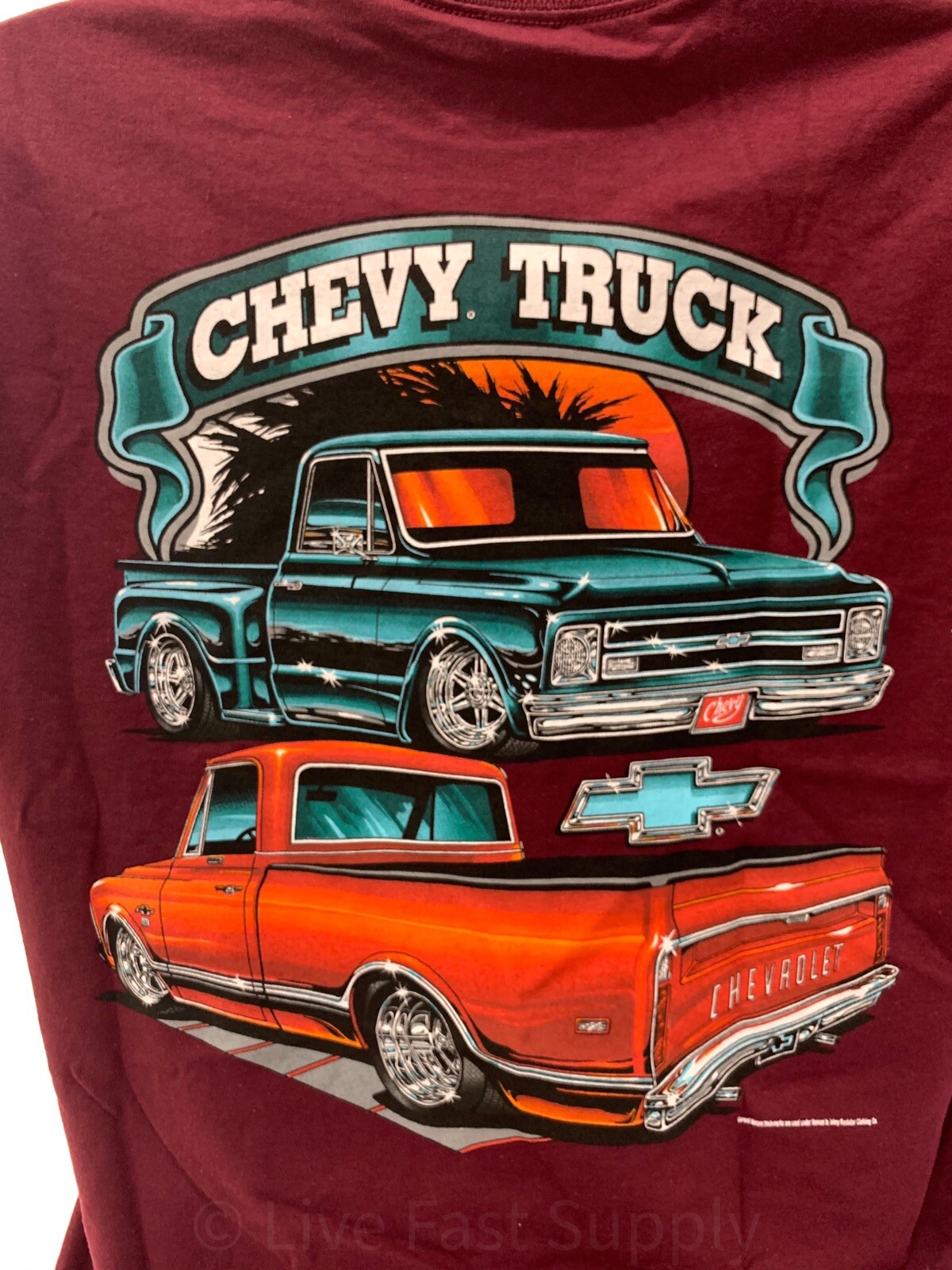 1967-72 Chevy C10 Pickup T-Shirt - Maroon w/ Orange & Teal Trucks (Licensed) gallery