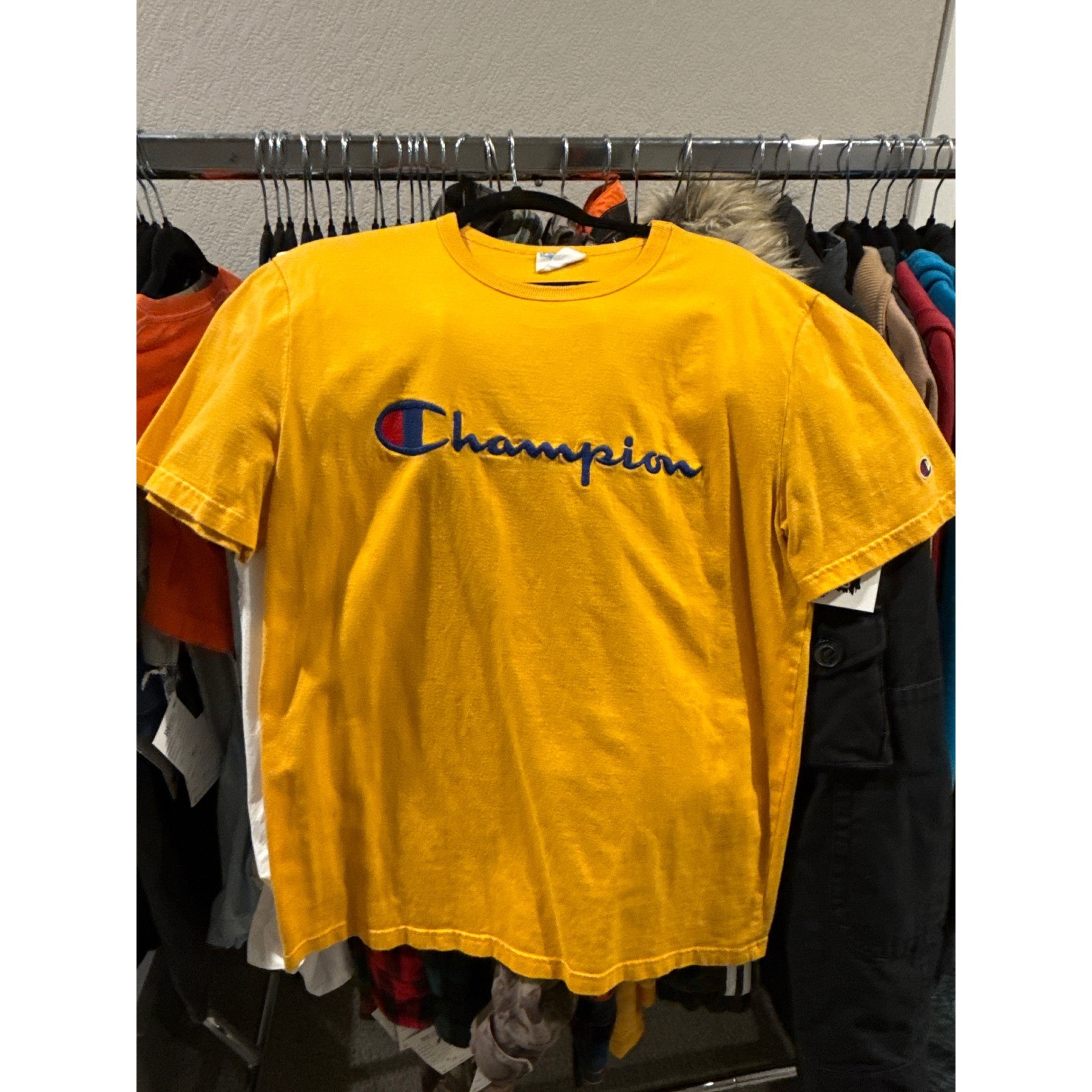 Champion Mens Script Logo Embroidered T-Shirt Yellow Mustard Medium Short Sleeve gallery