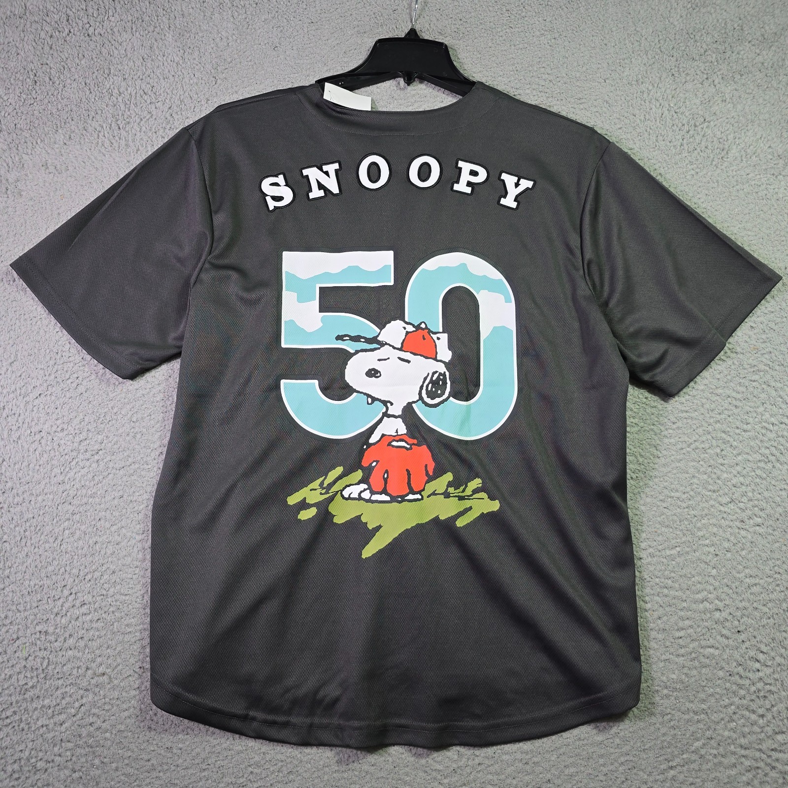 Peanuts® Snoopy Baseball Jersey shirt Mens Large Black Charlie Brown Button NWT gallery