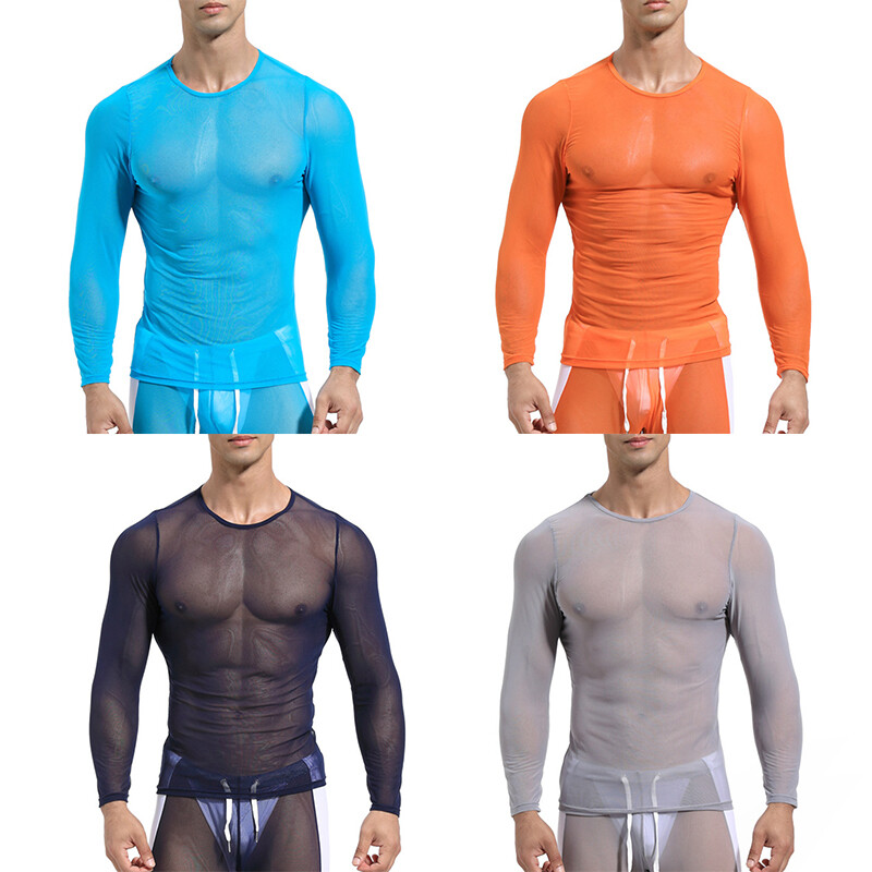 Mens Long Sleeve See Through Mesh T Shirt Sexy Muscle Clubwear Blouse Tops Tee gallery