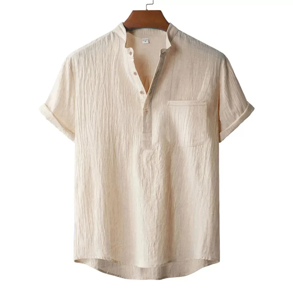 Men Cotton Linen Henley Shirt Casual Summer Beach Short Sleeve Top gallery