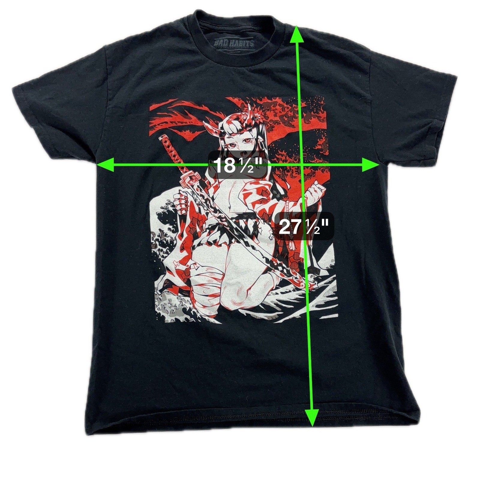Bad Habits Anime Oni Samurai Graphic T Shirt Black Red Streetwear Size M gallery