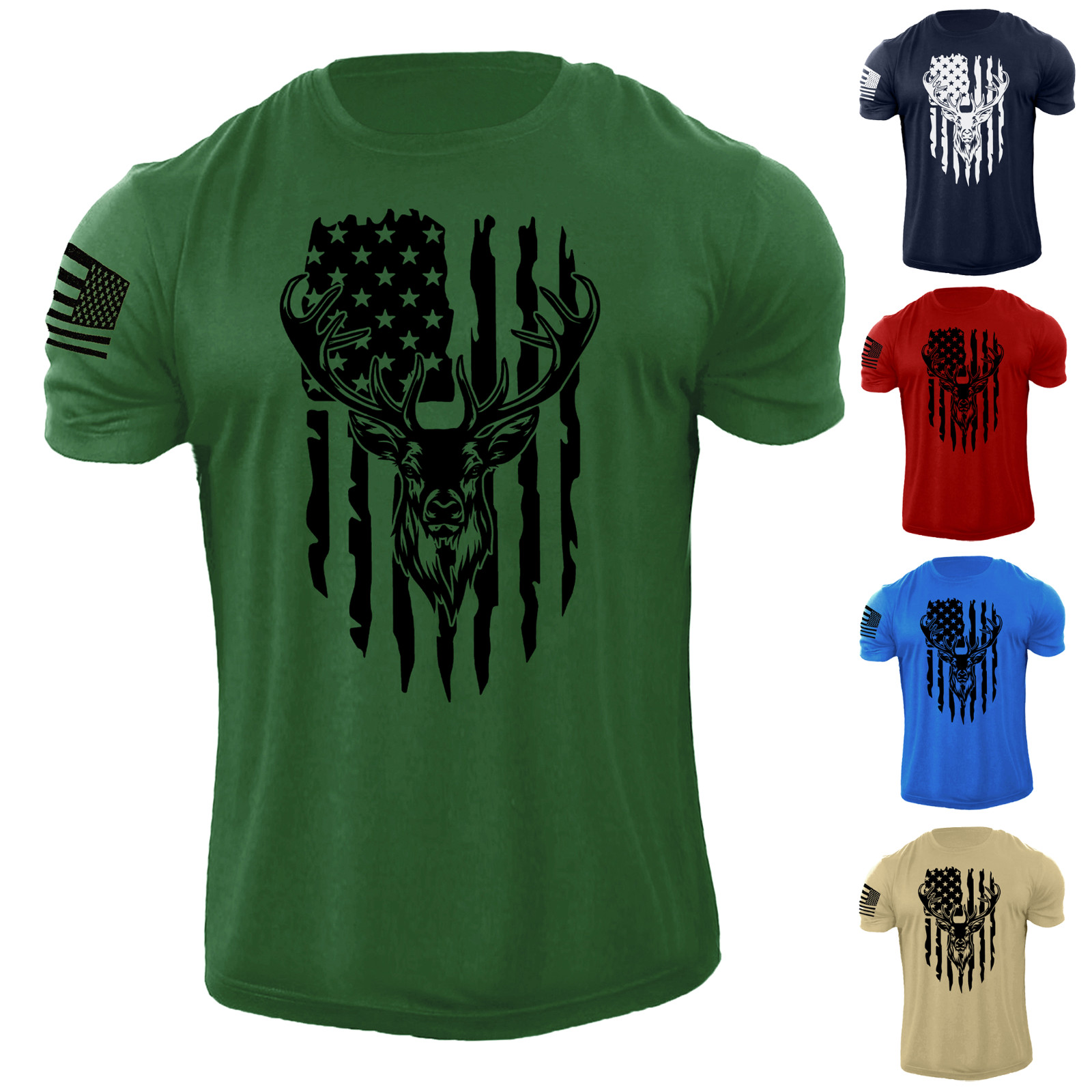 Men’s American Deer Hunting USA Flag T Shirt 100% Cotton